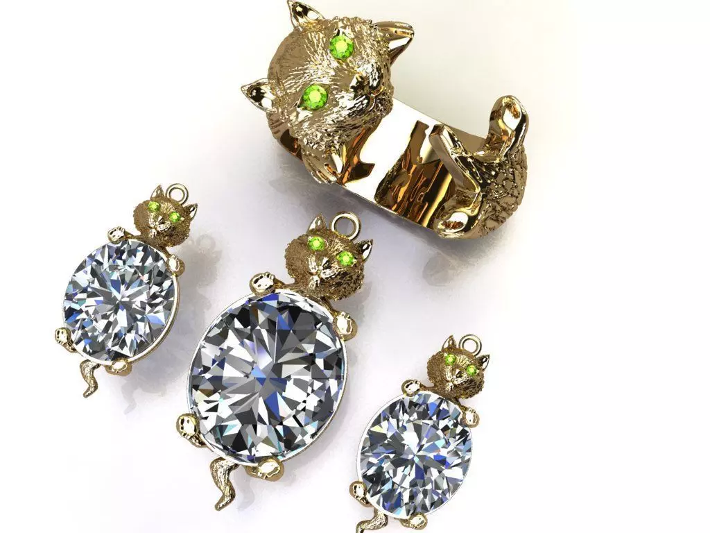 Cat Set S 06 pendant ring and earring 3D print model_0