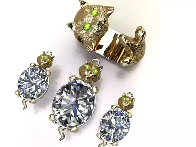 Cat Set S 06 pendant ring and earring 3D print model Cat Set S 06 pendant ring and earring 3D print model