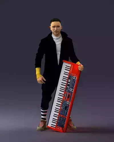 000248 Man in Black Coat Holding Red Keyboard 0118