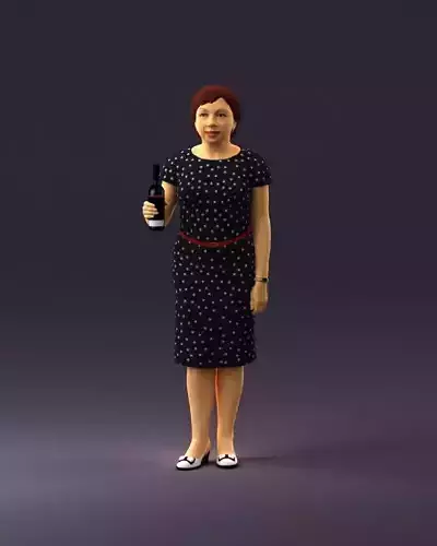 Wom in dark blue dress white dots alco in hand 0946