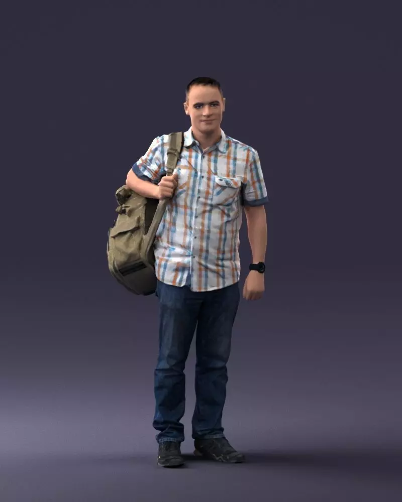 000176 Man in Plaid Shirt Carrying Shoulder Bag 0824 3D print model