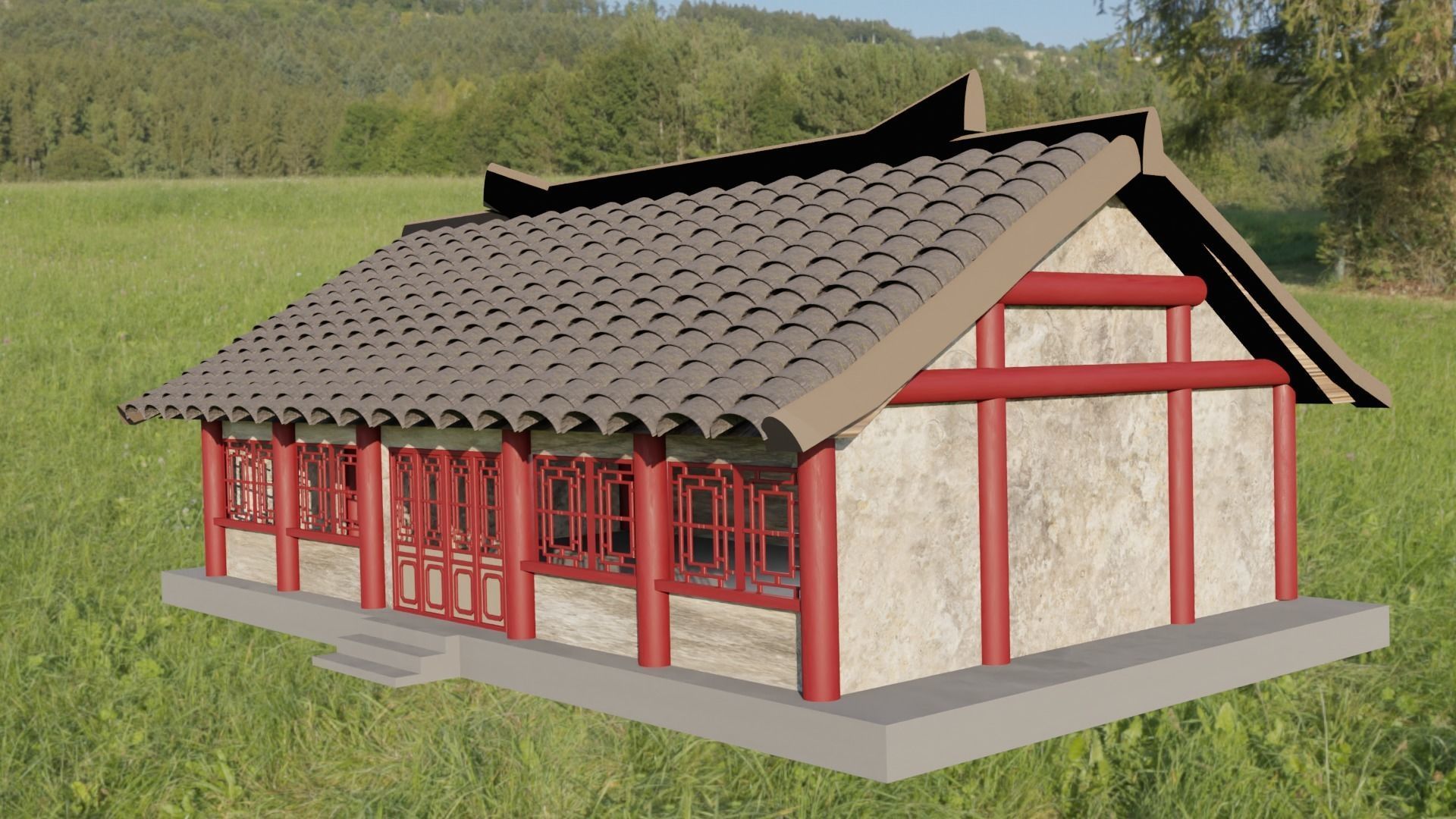 Chinese traditional building with suspension roof Low-poly 3D model_1