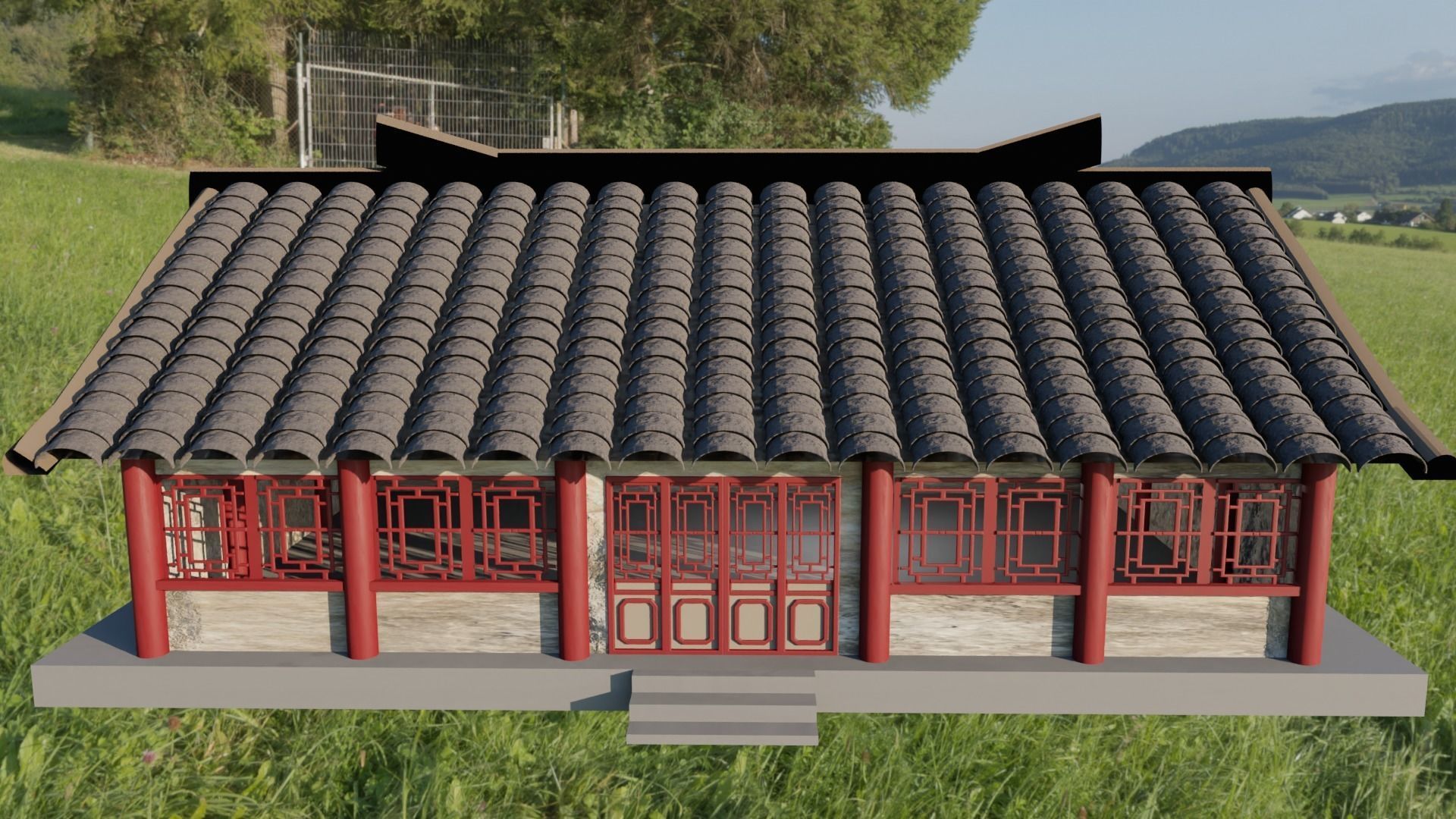 Chinese traditional building with suspension roof Low-poly 3D model_2
