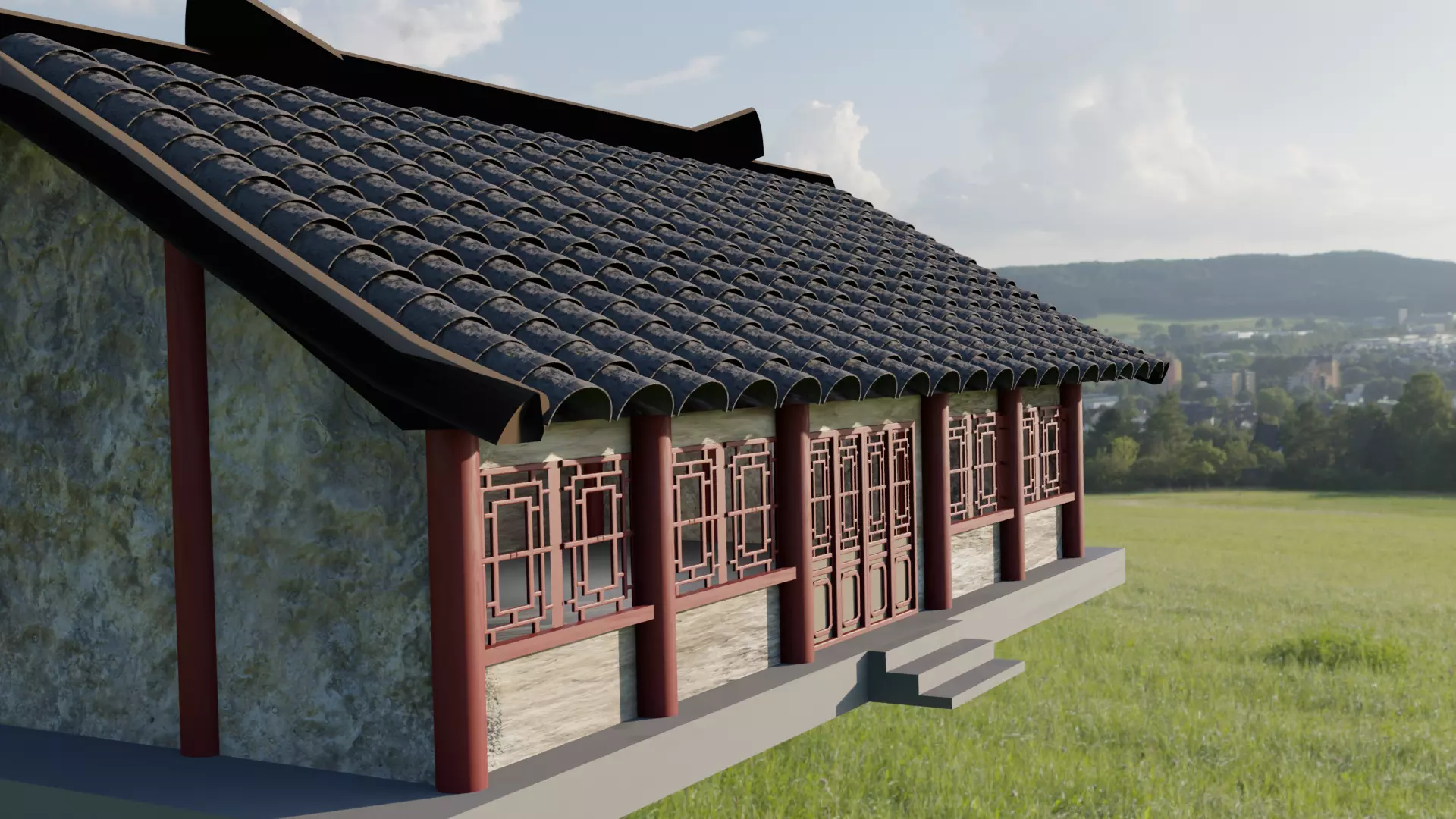 Chinese traditional building with suspension roof Low-poly 3D model_0
