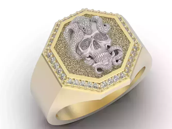 Skull and snake Ring Sculpture jewelry Silver Gold  Print
