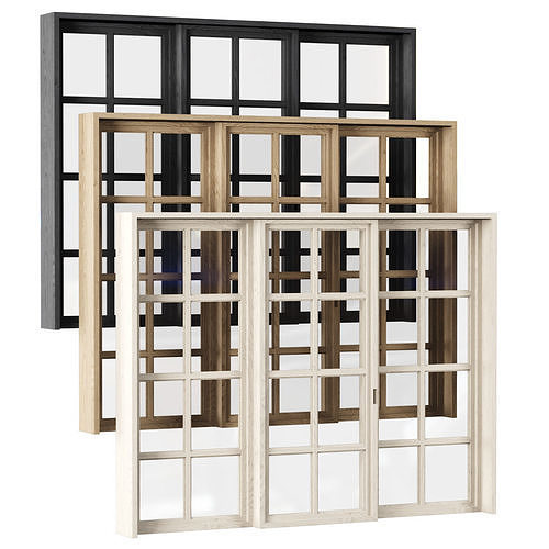 Rectangle wooden windows with door V2 Low-poly 3D model