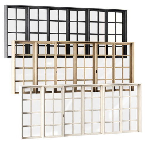 Rectangle wooden windows with doors V4 Low-poly 3D model