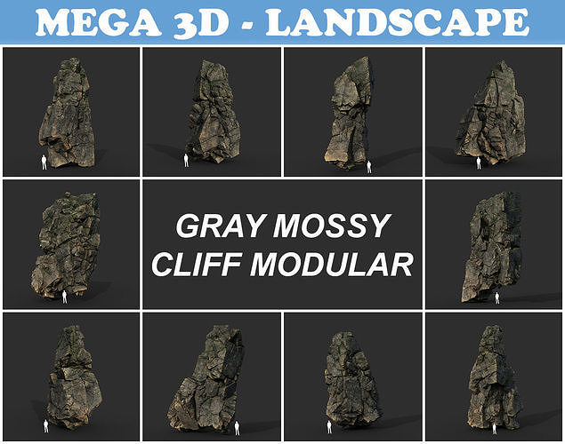 Low poly Gray Mossy Cliff Modular 211126 Low-poly 3D model