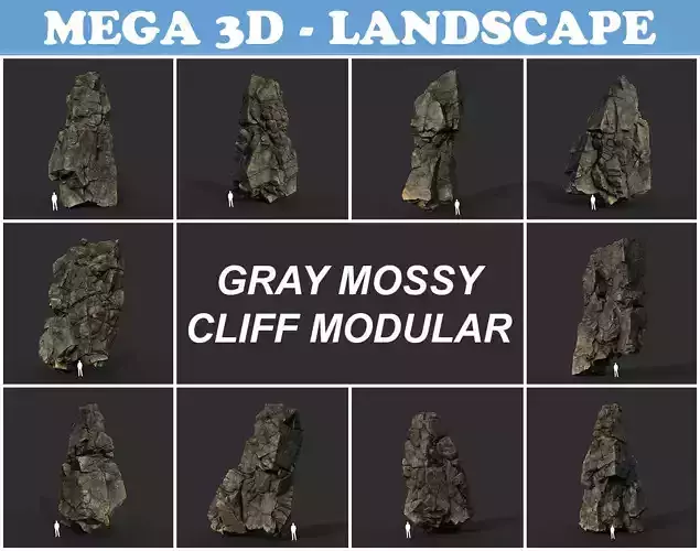 Low poly Gray Mossy Cliff Modular 211126 Low-poly 3D model