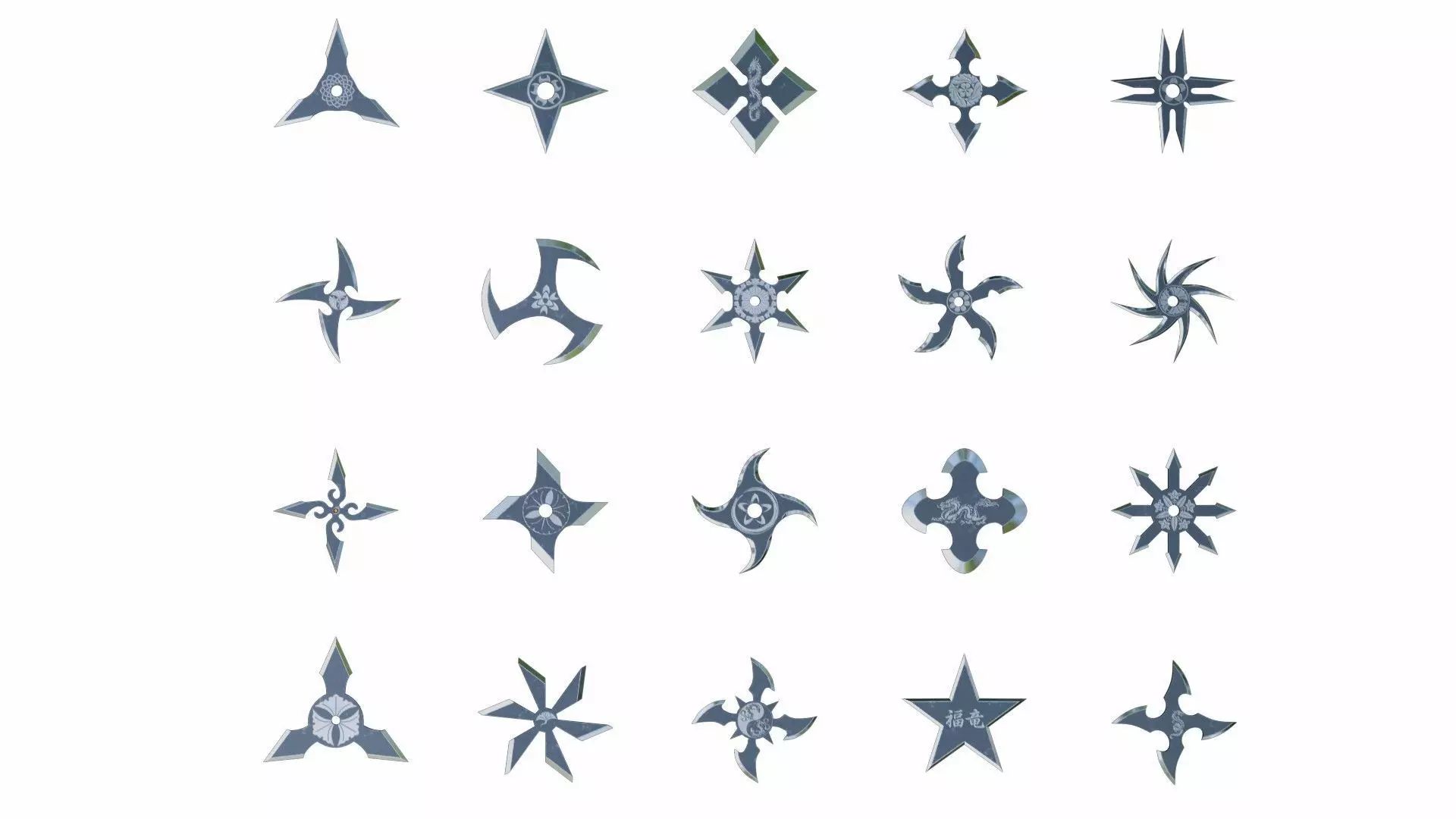 Collection of 20 shurikens Low-poly 3D model_0