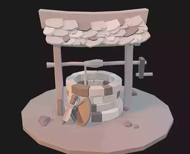Low poly well with sword and shild aside