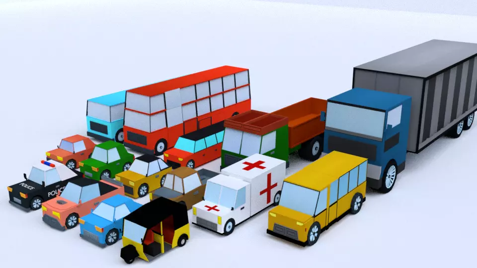 low poly vehicles group of different colored Free low-poly 3D model_0