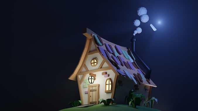 Low Poly House fairy at night premium Low-poly 3D model