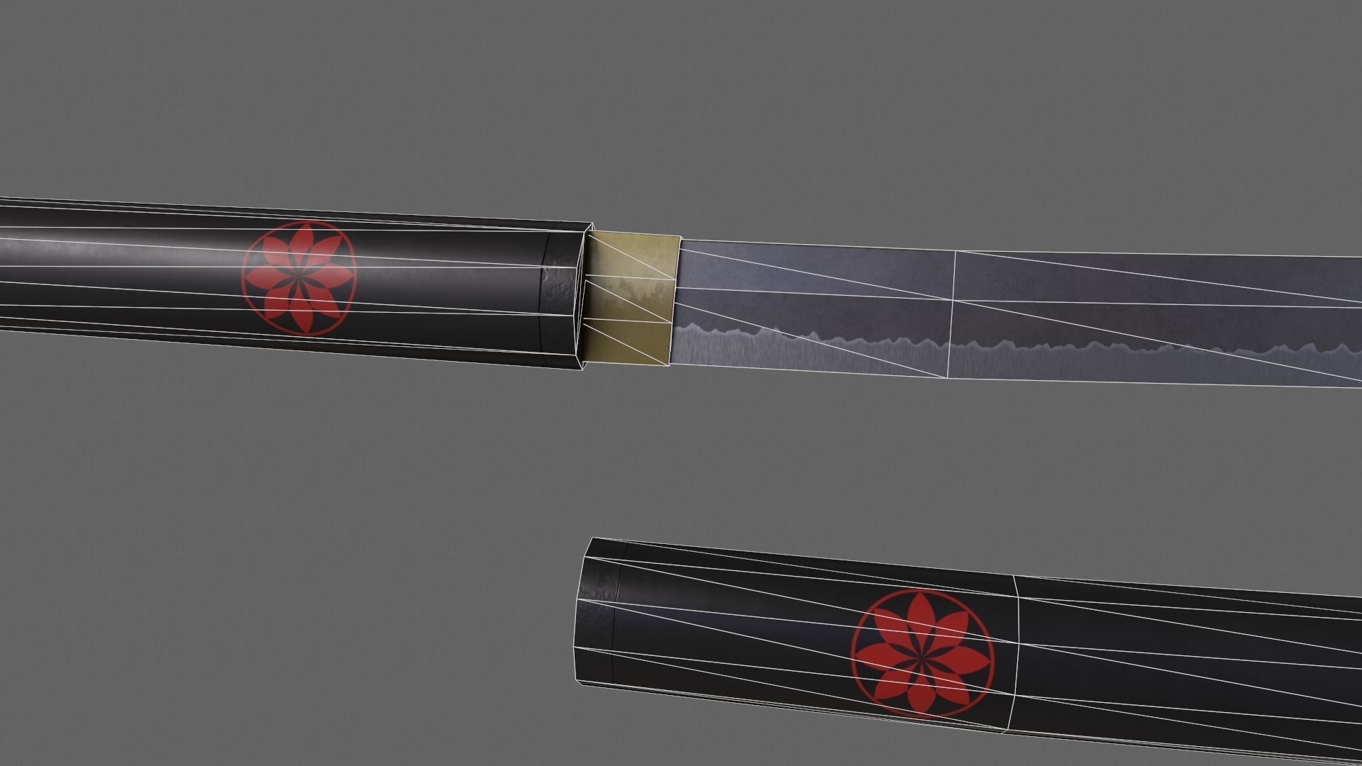 PBR Katana Japanese Sword Black V3 Low-poly 3D model_14