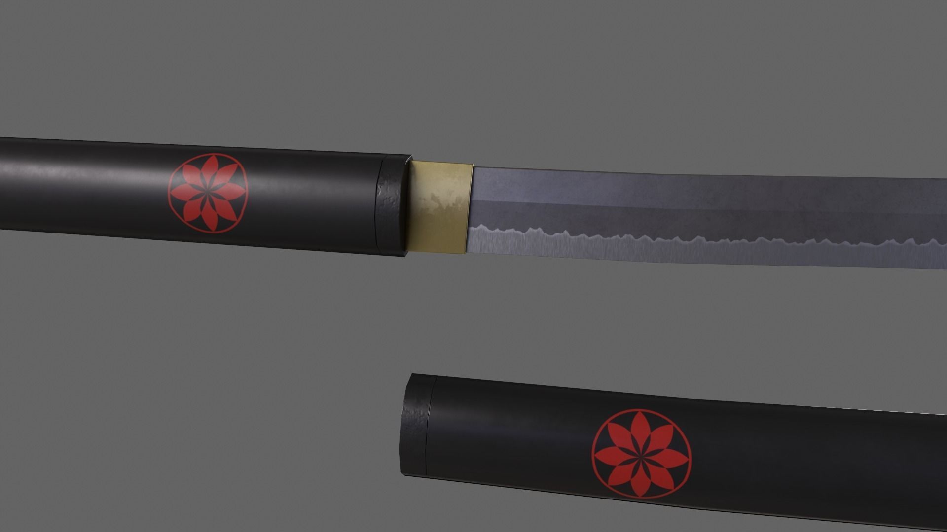 PBR Katana Japanese Sword Black V3 Low-poly 3D model_4