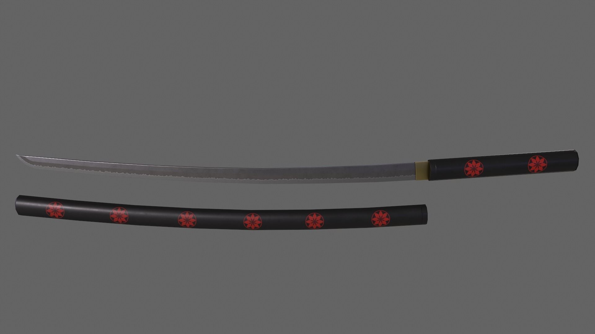 PBR Katana Japanese Sword Black V3 Low-poly 3D model_2