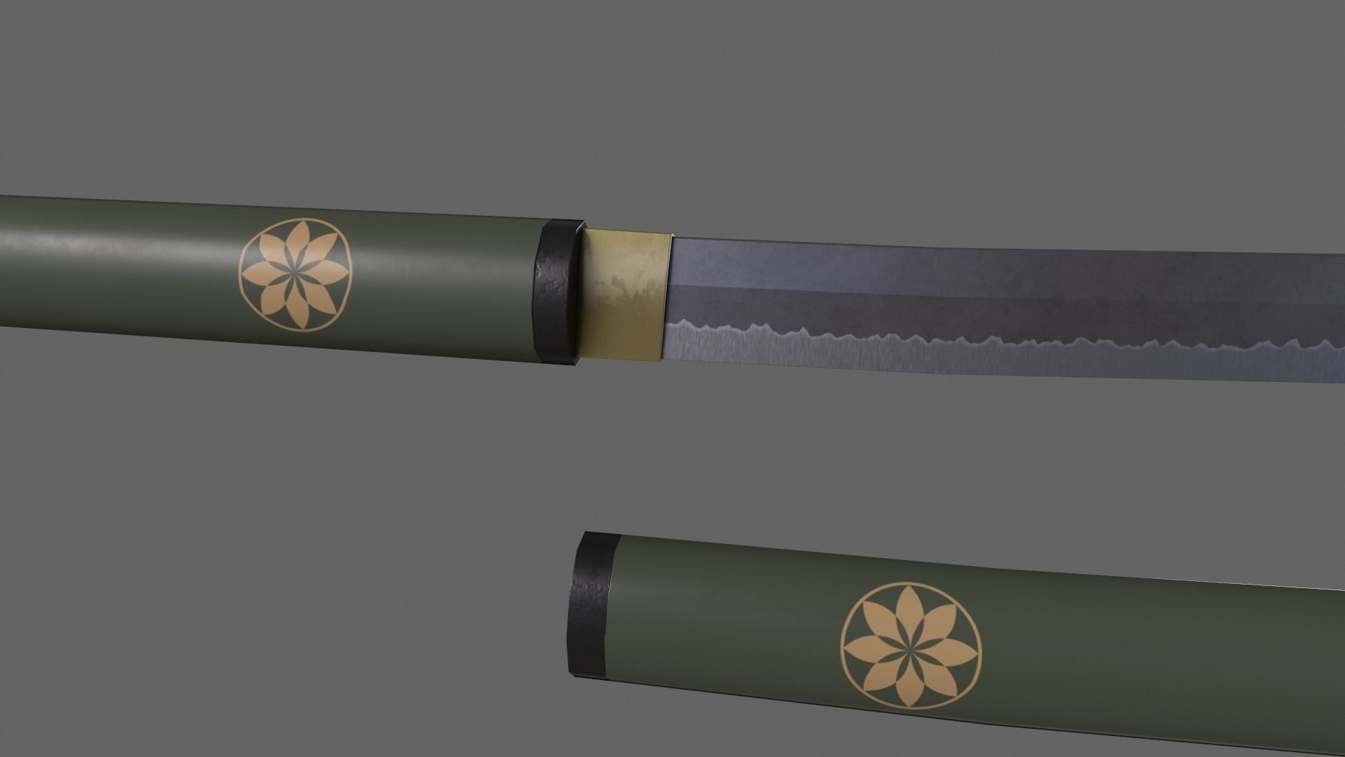 PBR Katana Japanese Sword Green V3 Low-poly 3D model_4