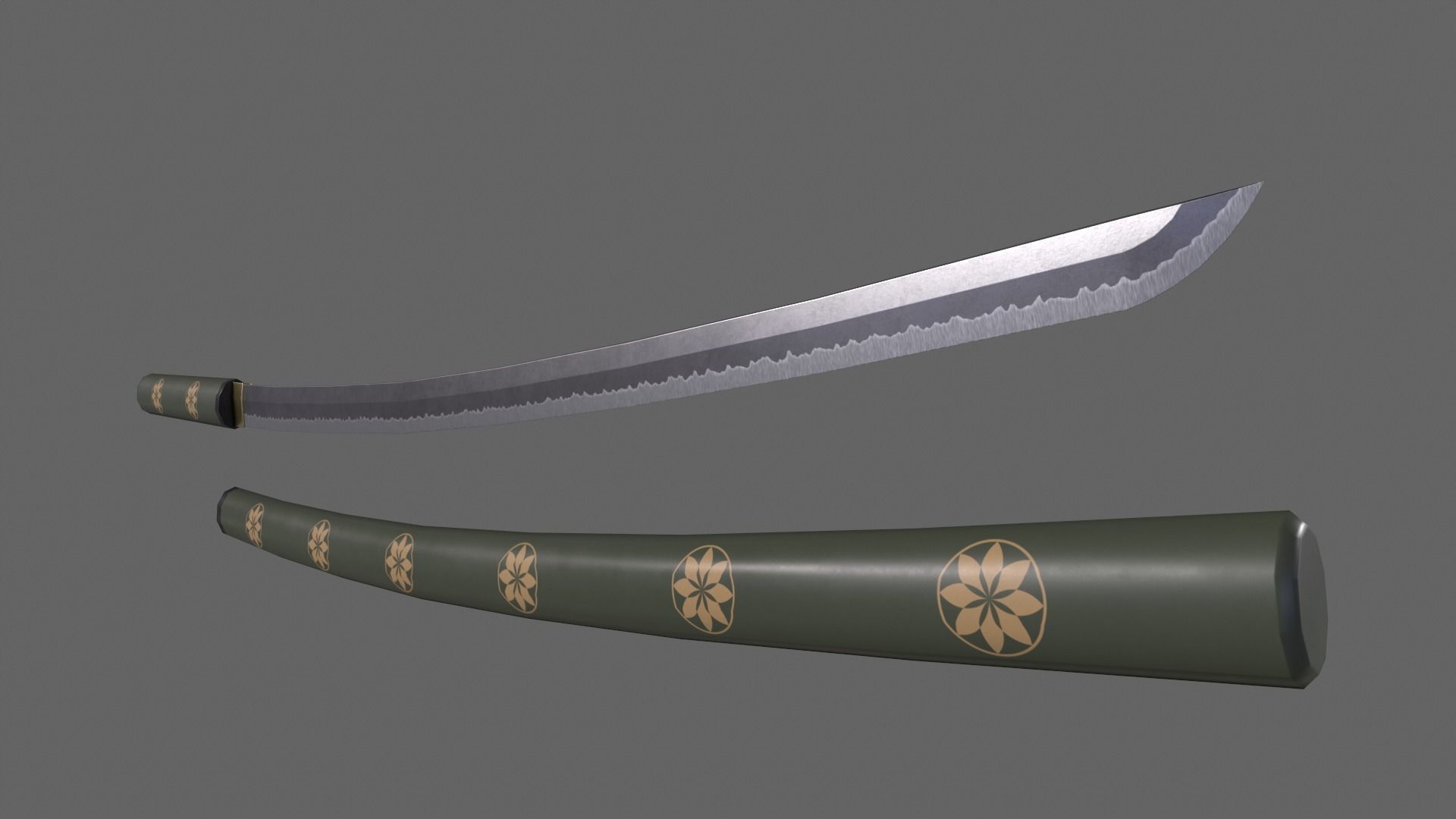 PBR Katana Japanese Sword Green V3 Low-poly 3D model_3