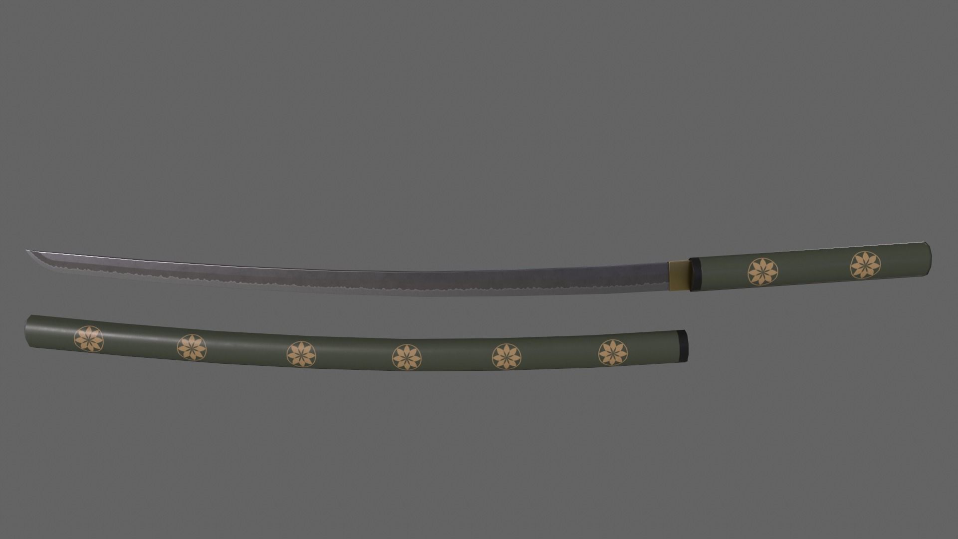 PBR Katana Japanese Sword Green V3 Low-poly 3D model_2