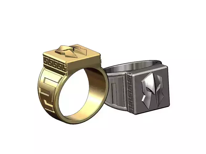 Warrior helmet Greek key square signet ring US size 10