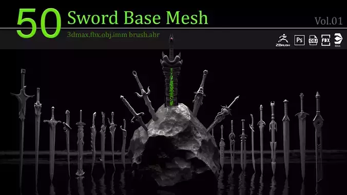  50 Sword Base Mesh Clean UV  and IMM brush and ABR brush 3D model