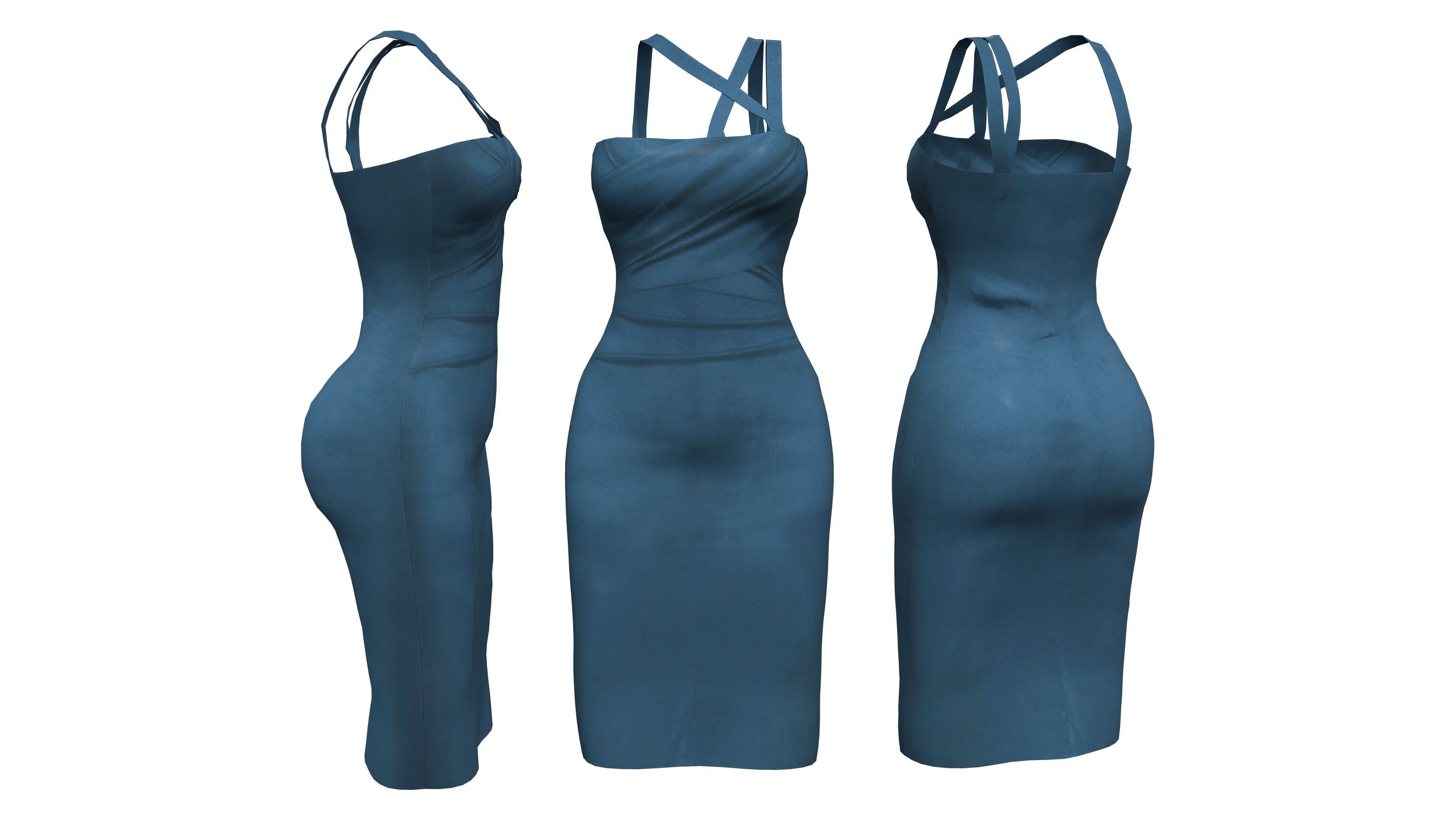 Midi Dress With Strap Shoulders Low-poly 3D model_2