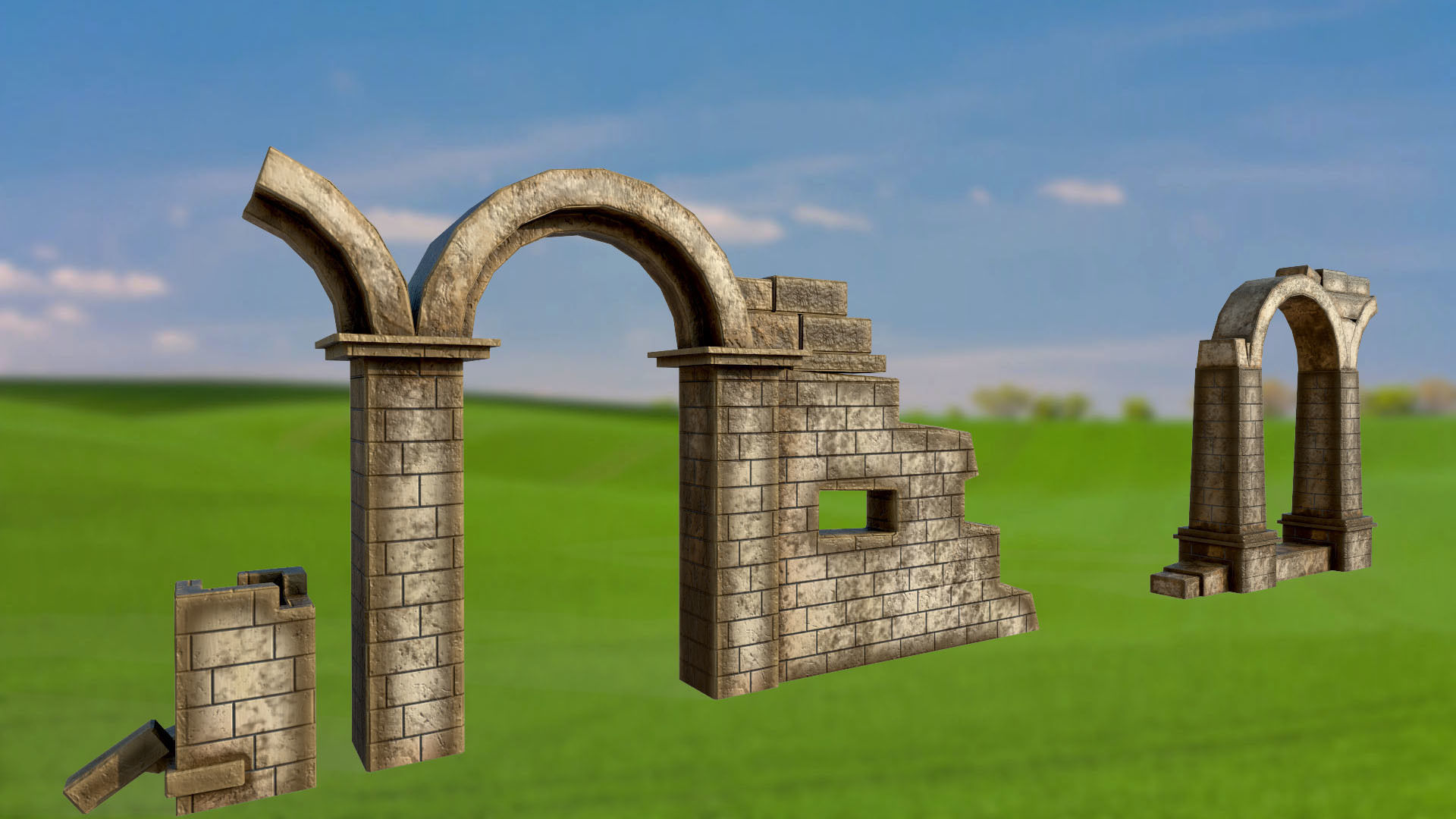 Wall stone arches destroyed PBR low-poly 3D model Low-poly 3D model_5