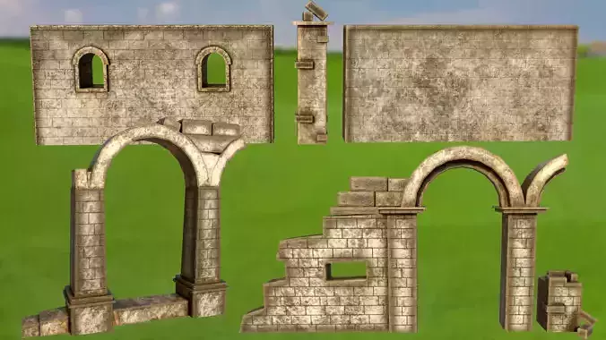 Wall stone arches destroyed PBR low-poly 3D model