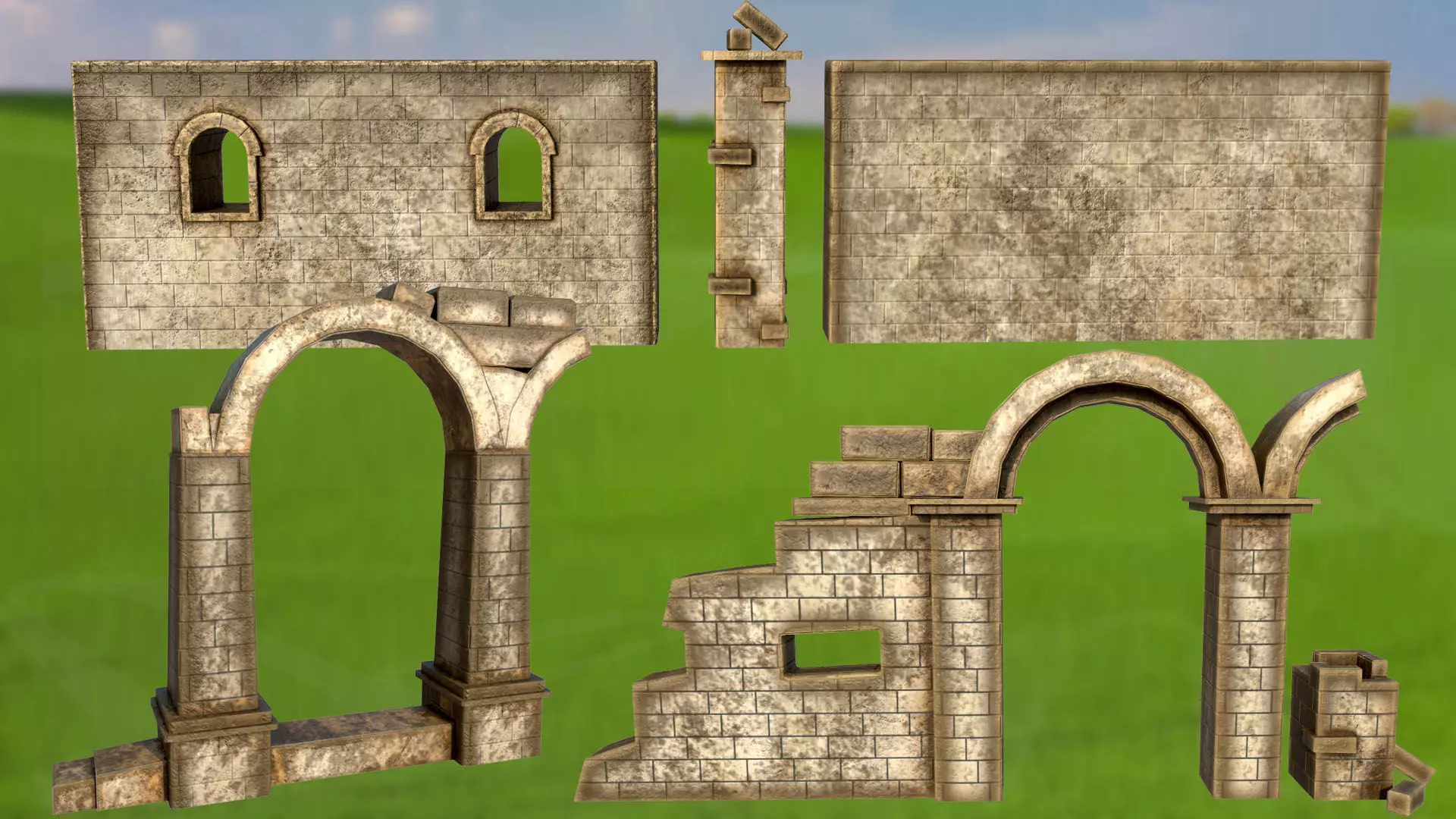 Wall stone arches destroyed PBR low-poly 3D model Low-poly 3D model_0