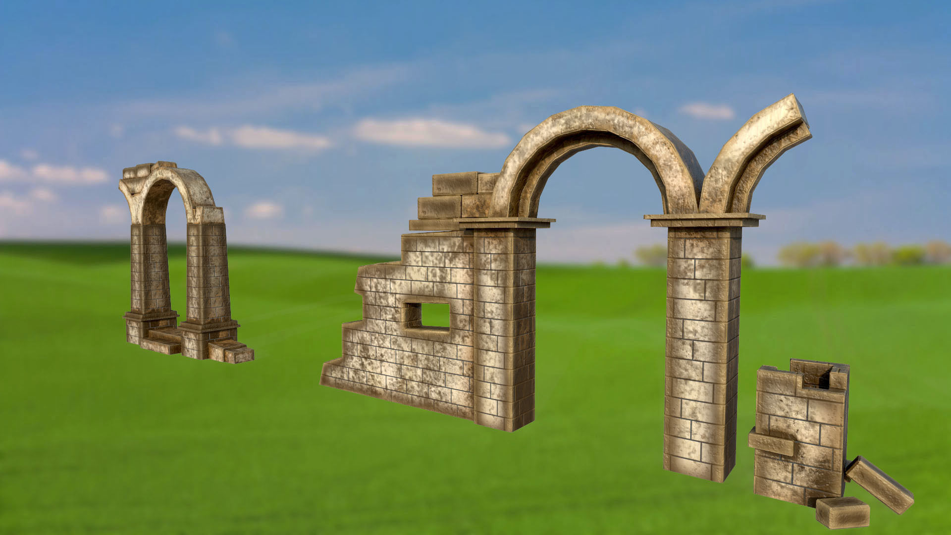 Wall stone arches destroyed PBR low-poly 3D model Low-poly 3D model_4
