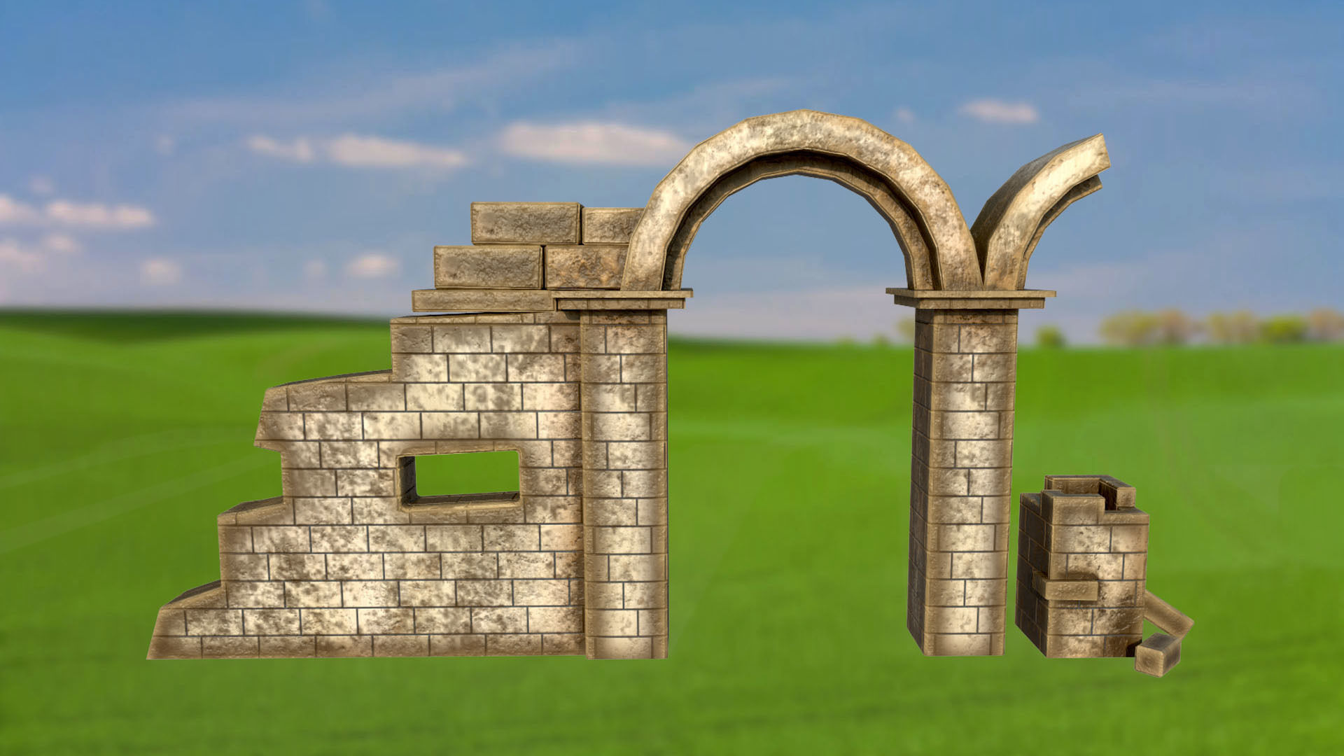 Wall stone arches destroyed PBR low-poly 3D model Low-poly 3D model_2