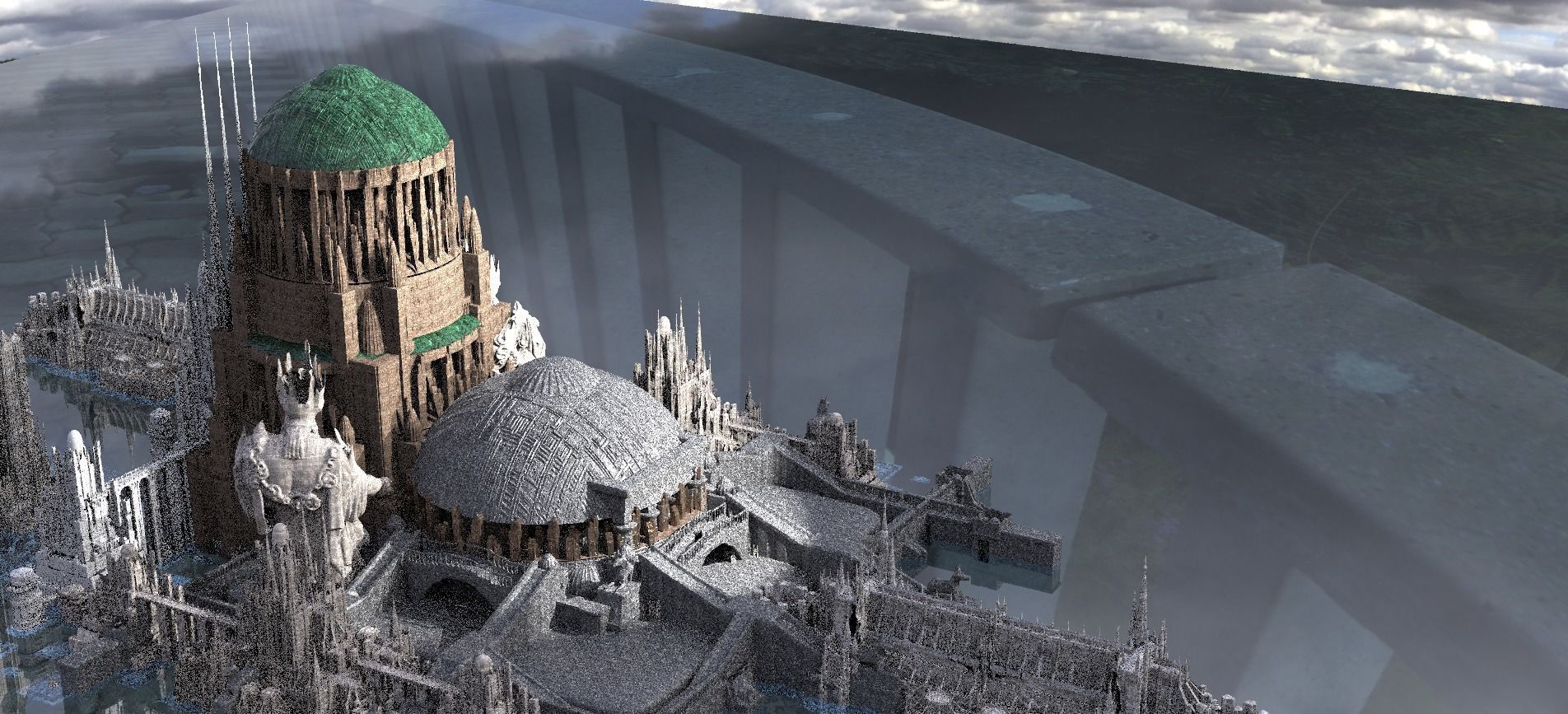 Ancient hallways Scifi City Kitbash grey and green 3D model_1