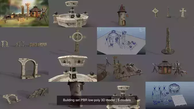 Building set PBR low-poly 3D model wooden cross