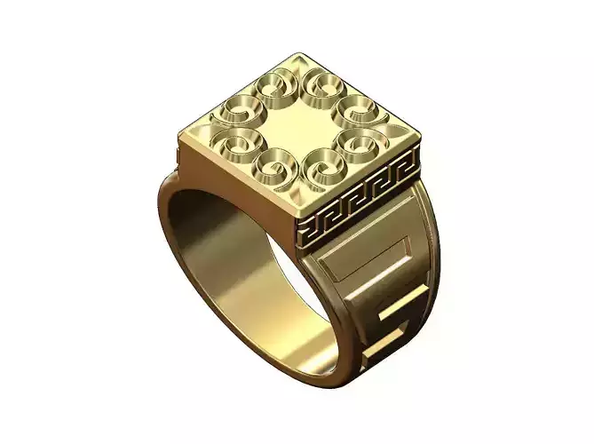 Square floral motif and greek key pattern signet US size 10