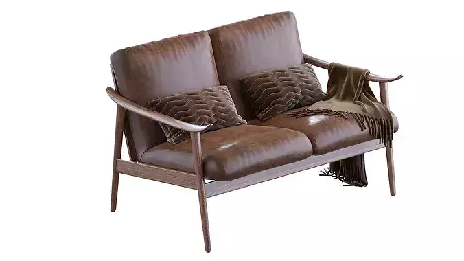 Mid-Century Vegan Leather Show Wood Sofa 3D model 7