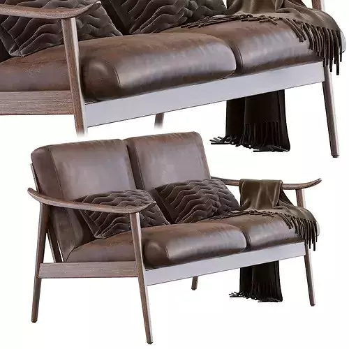 Mid-Century Vegan Leather Show Wood Sofa 3D model 3