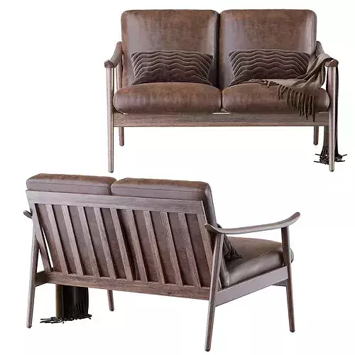 Mid-Century Vegan Leather Show Wood Sofa 3D model 2