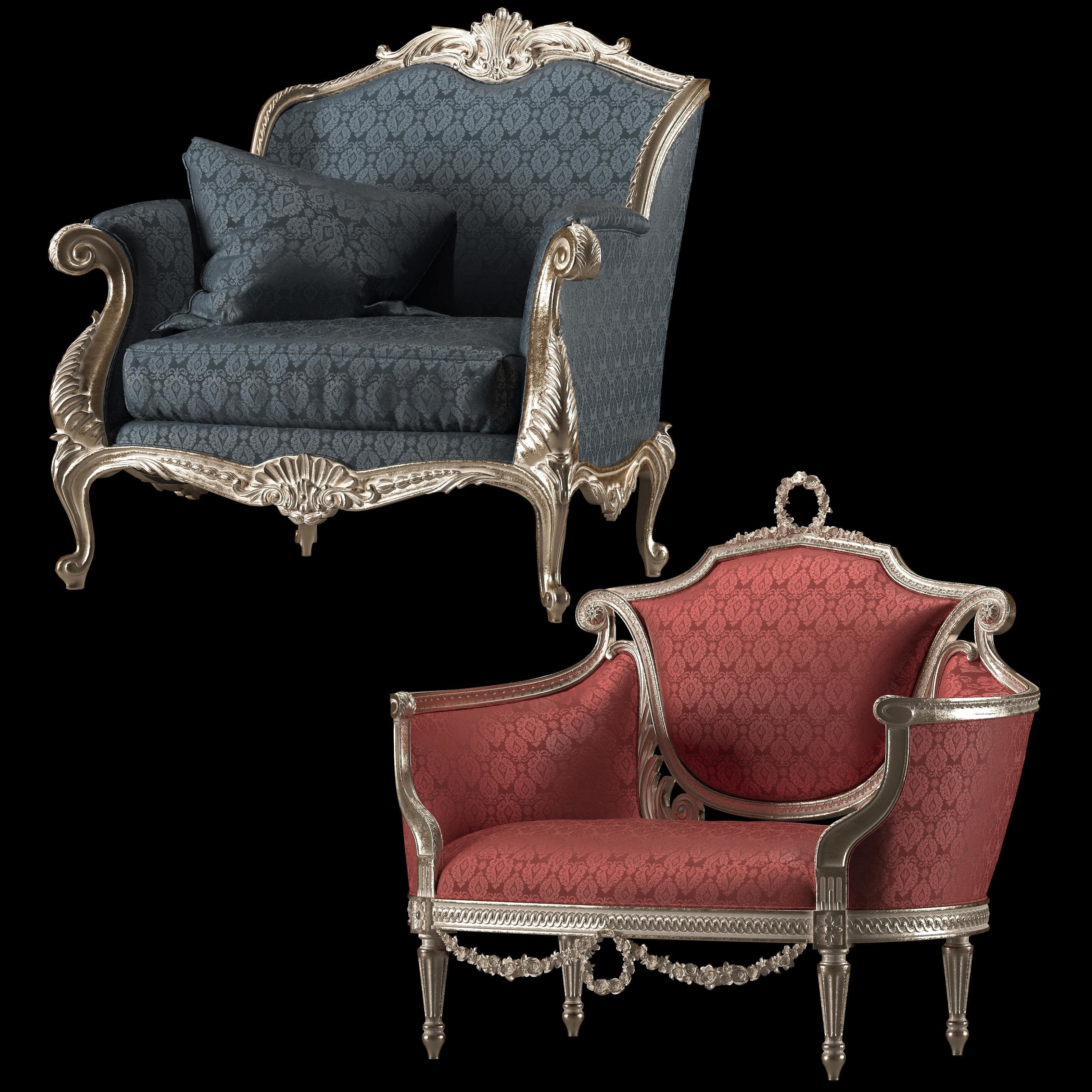 rococo sofa and armchair set 3D model_7
