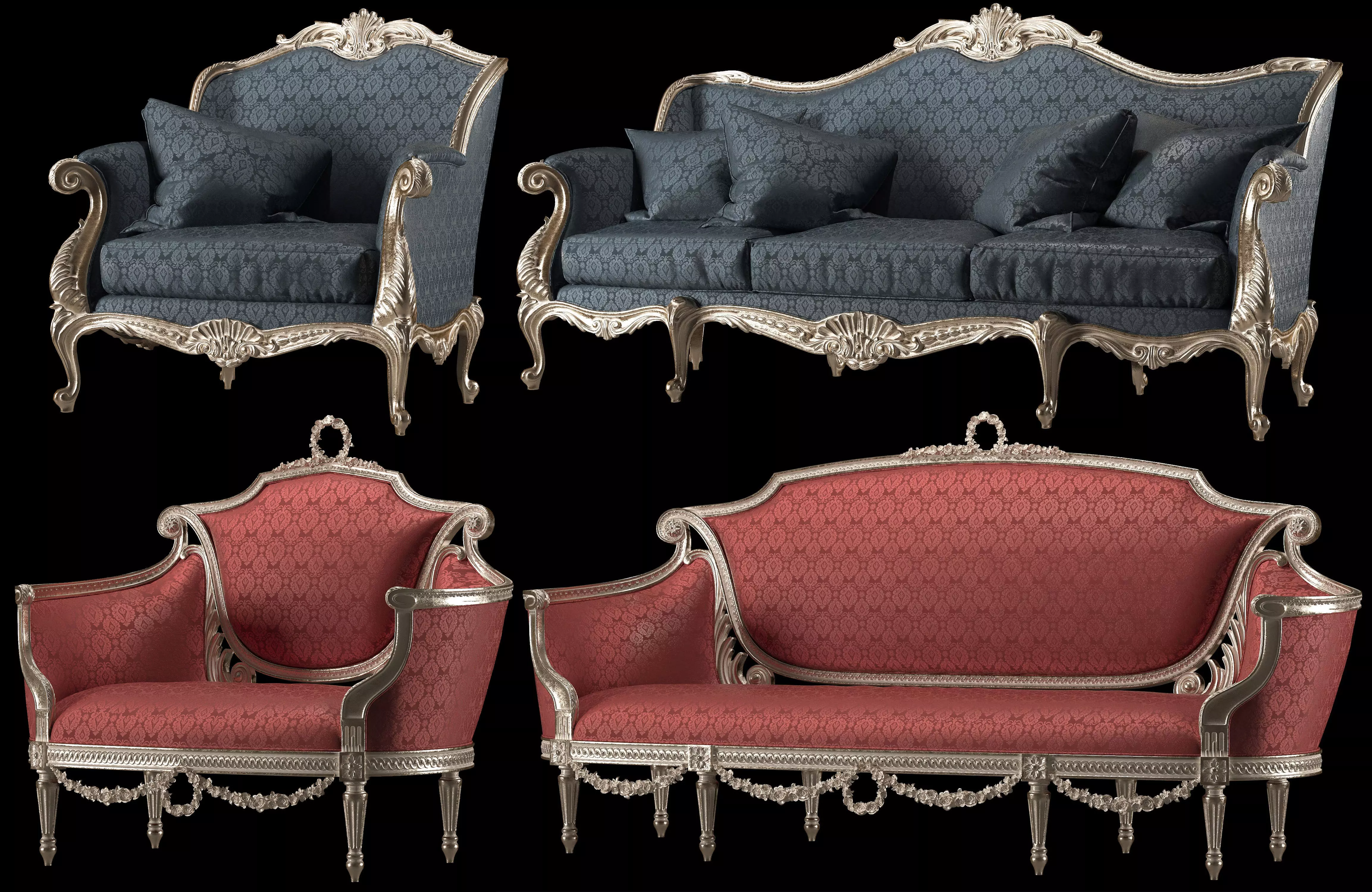 rococo sofa and armchair set 3D model_0