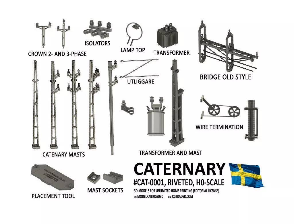 CAT-0001 Catenary set Swedish Old Rivet H0-scale 20 items 3D print model_0