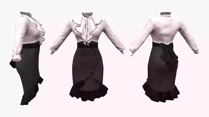 Retro Pencil Skirt With Frills and Blouse