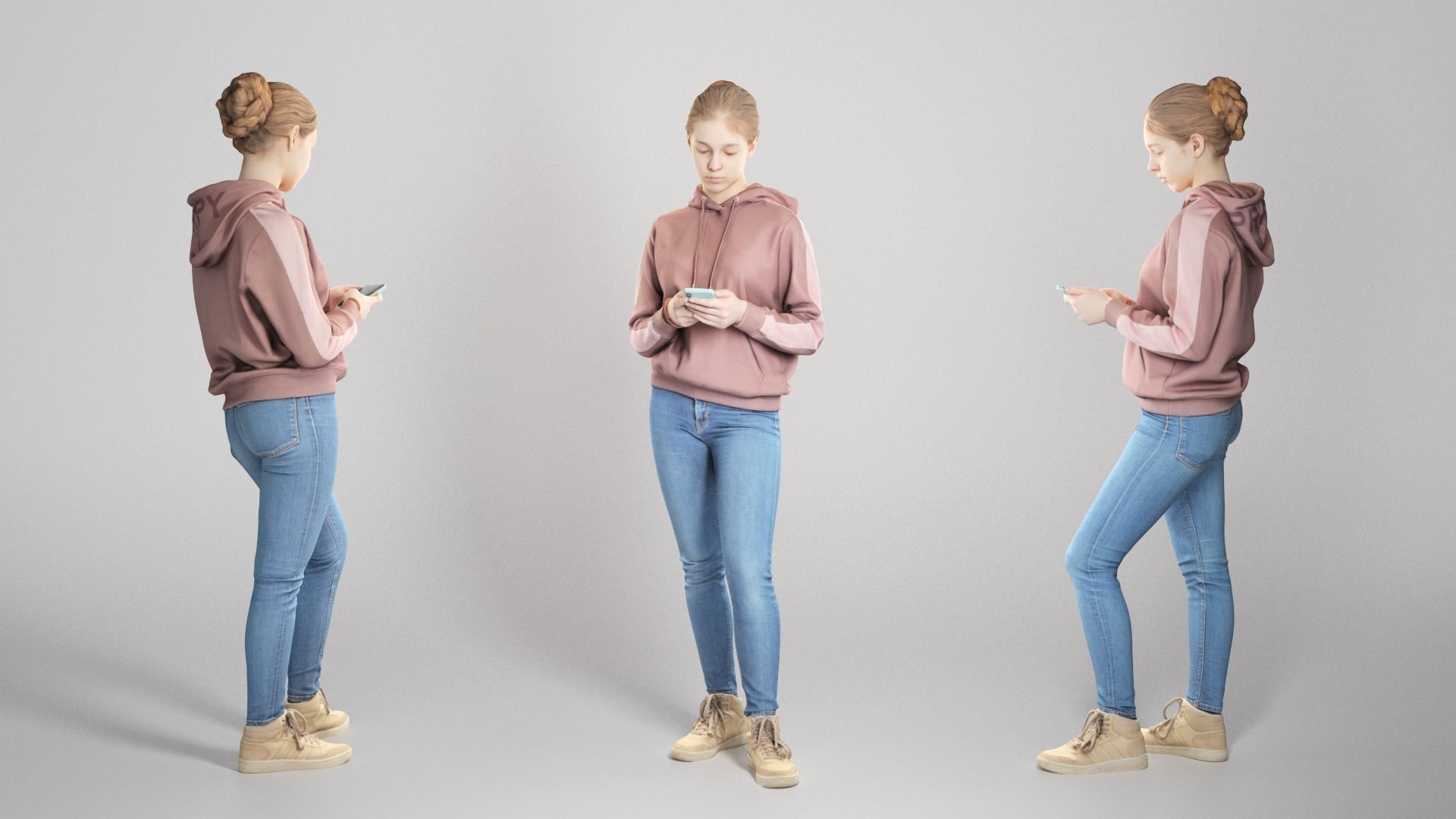 Beautiful girl in casual clothes using smartphone 318 Low-poly 3D model_2