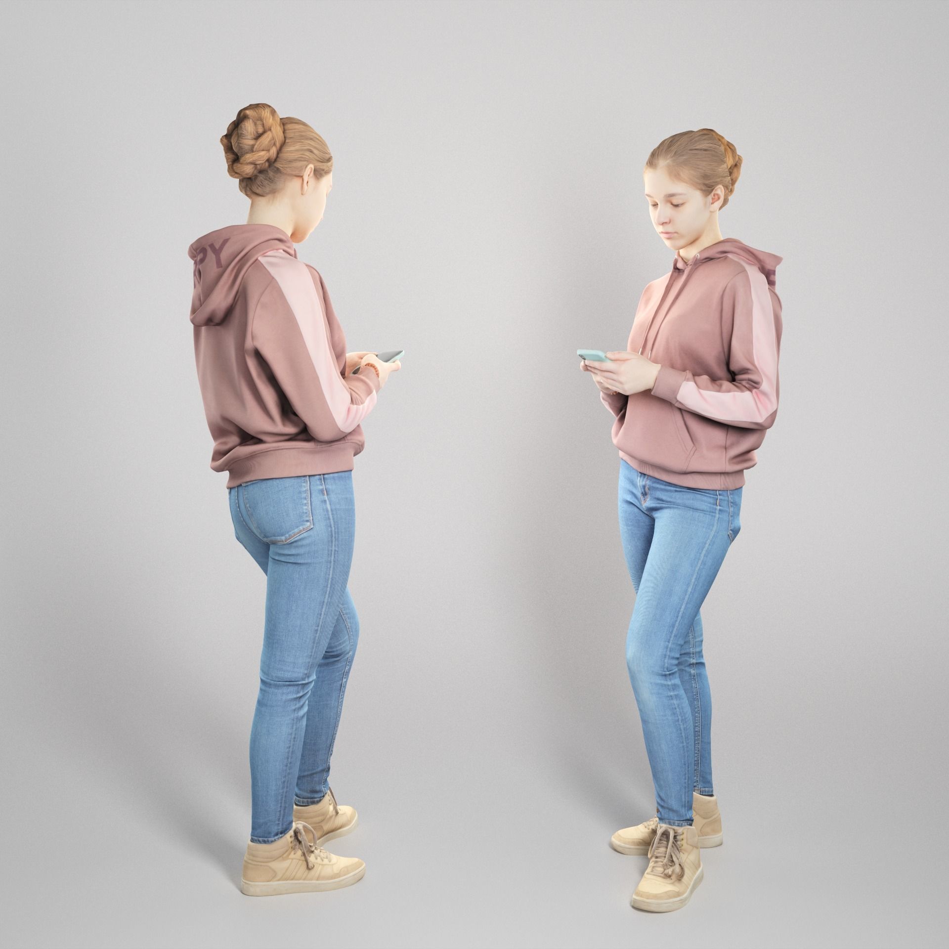 Beautiful girl in casual clothes using smartphone 318 Low-poly 3D model_1