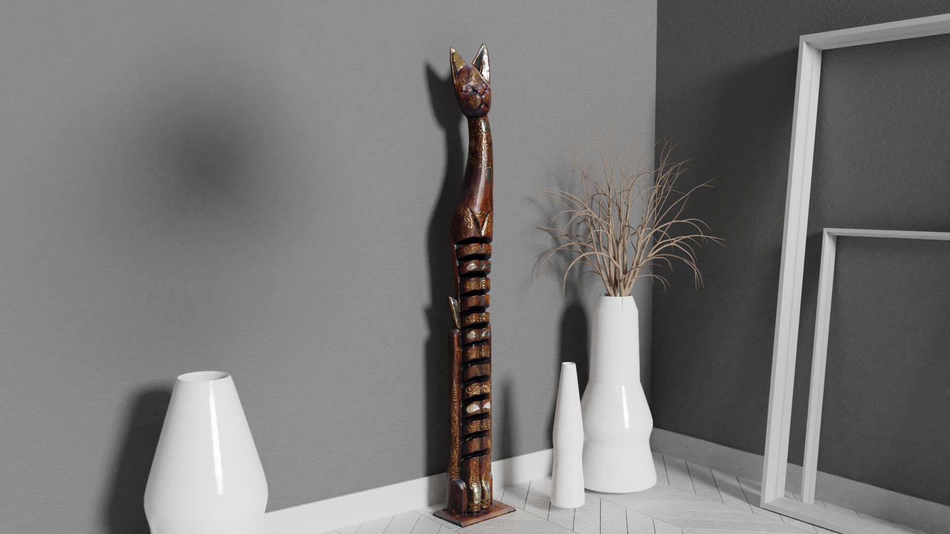 Wooden cat CD tower holder high-poly 3D model_1