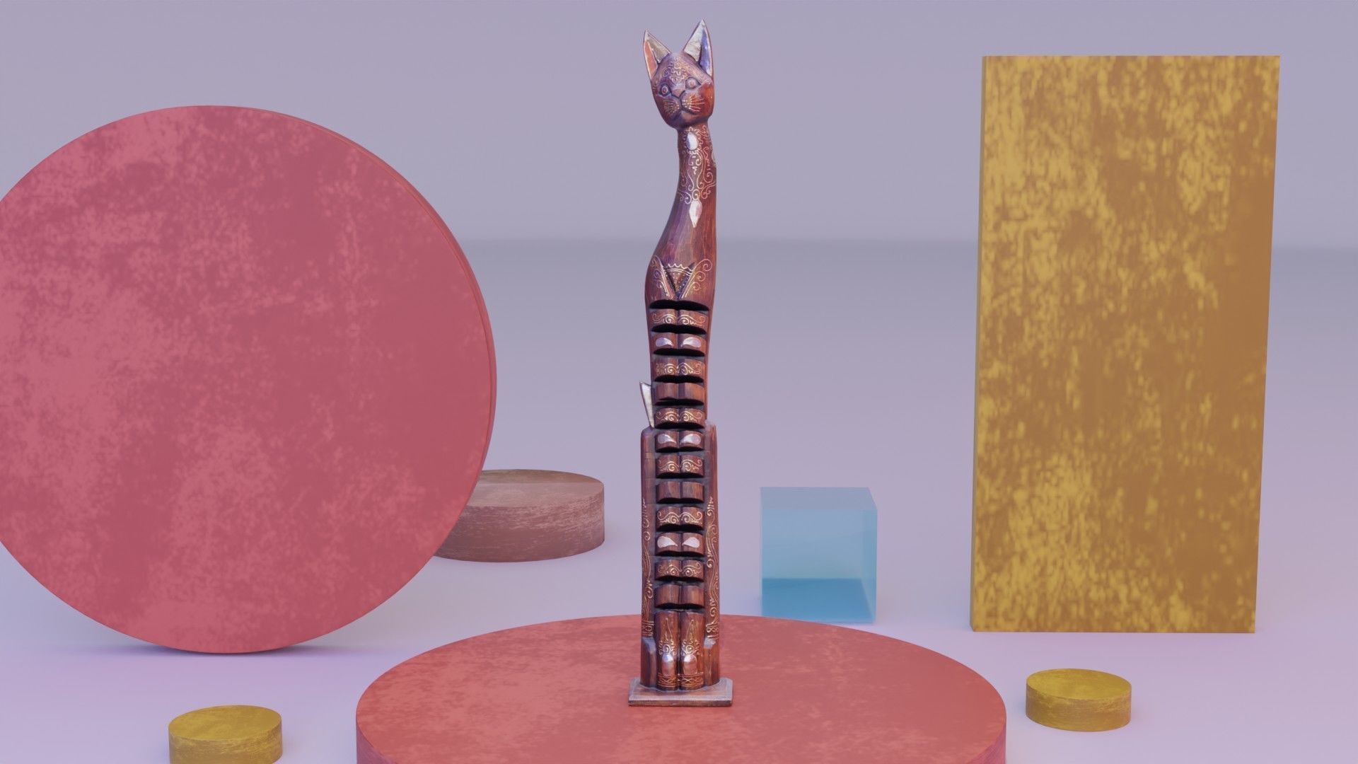 Wooden cat CD tower holder high-poly 3D model_2