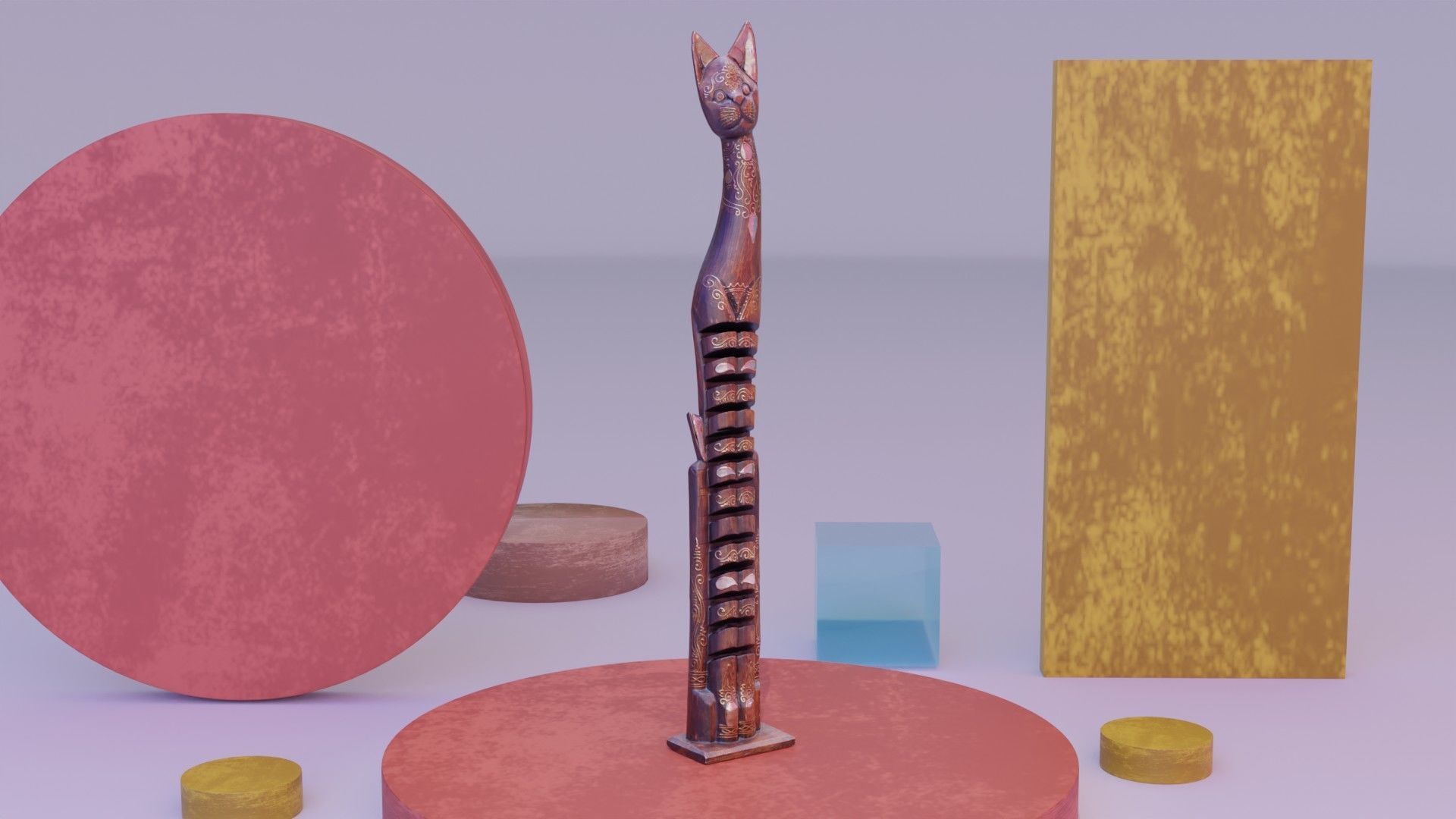 Wooden cat CD tower holder high-poly 3D model_3