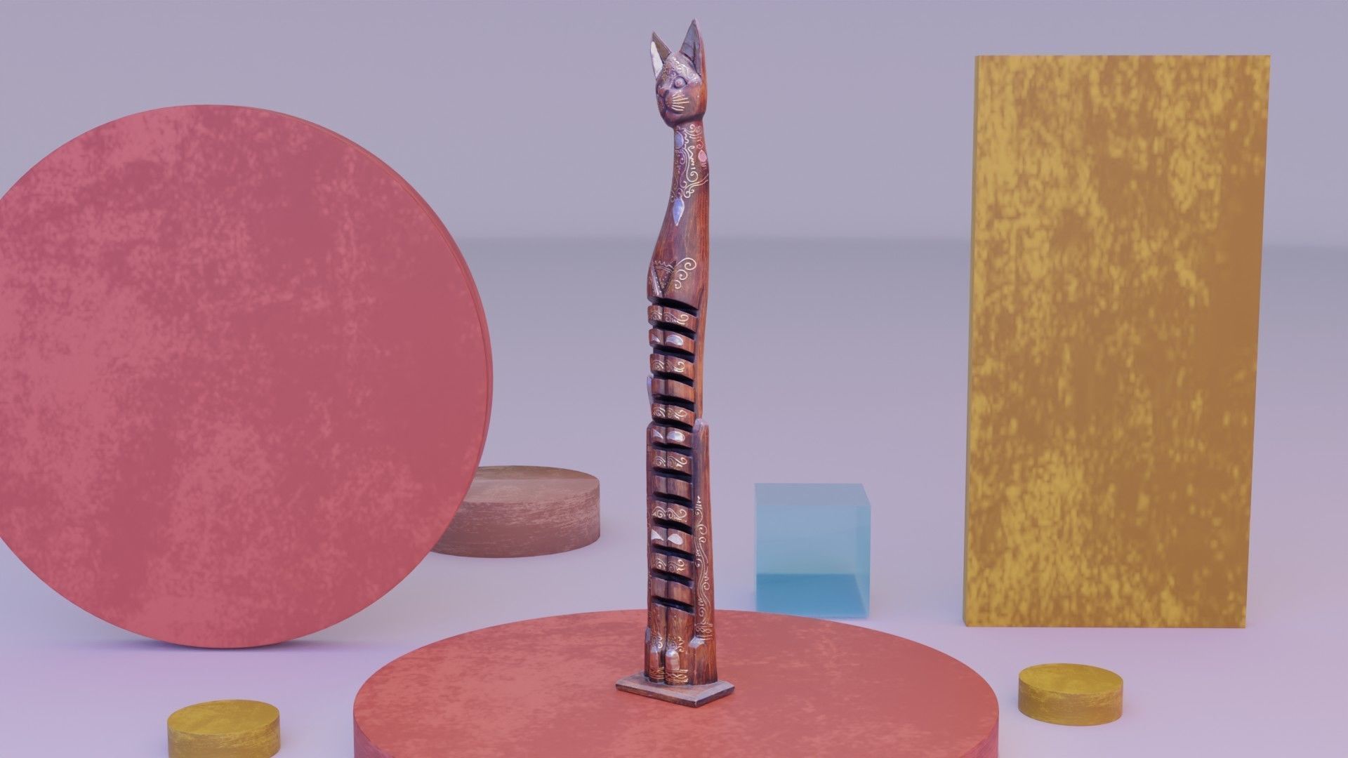 Wooden cat CD tower holder high-poly 3D model_11