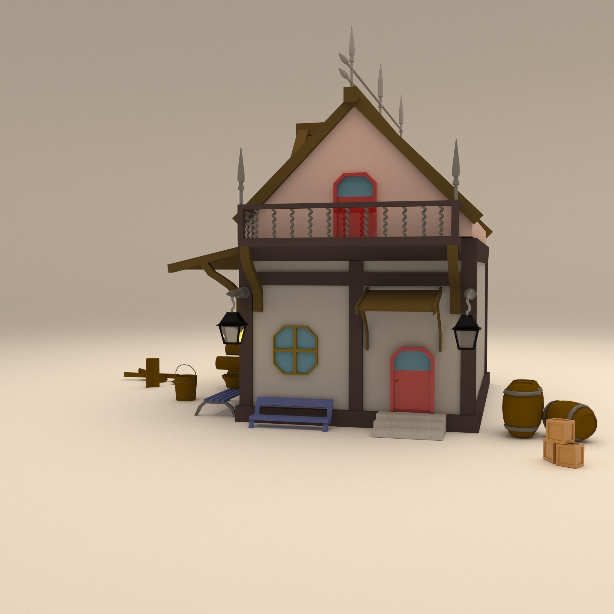 cartoon house with logs 3D model_1