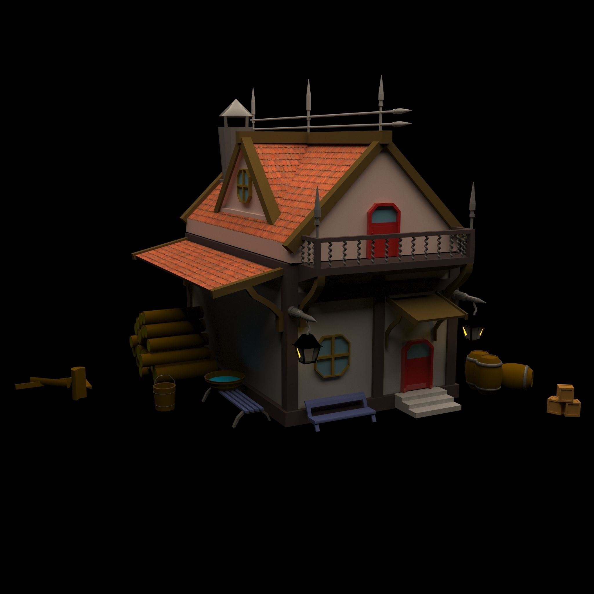 cartoon house with logs 3D model_2