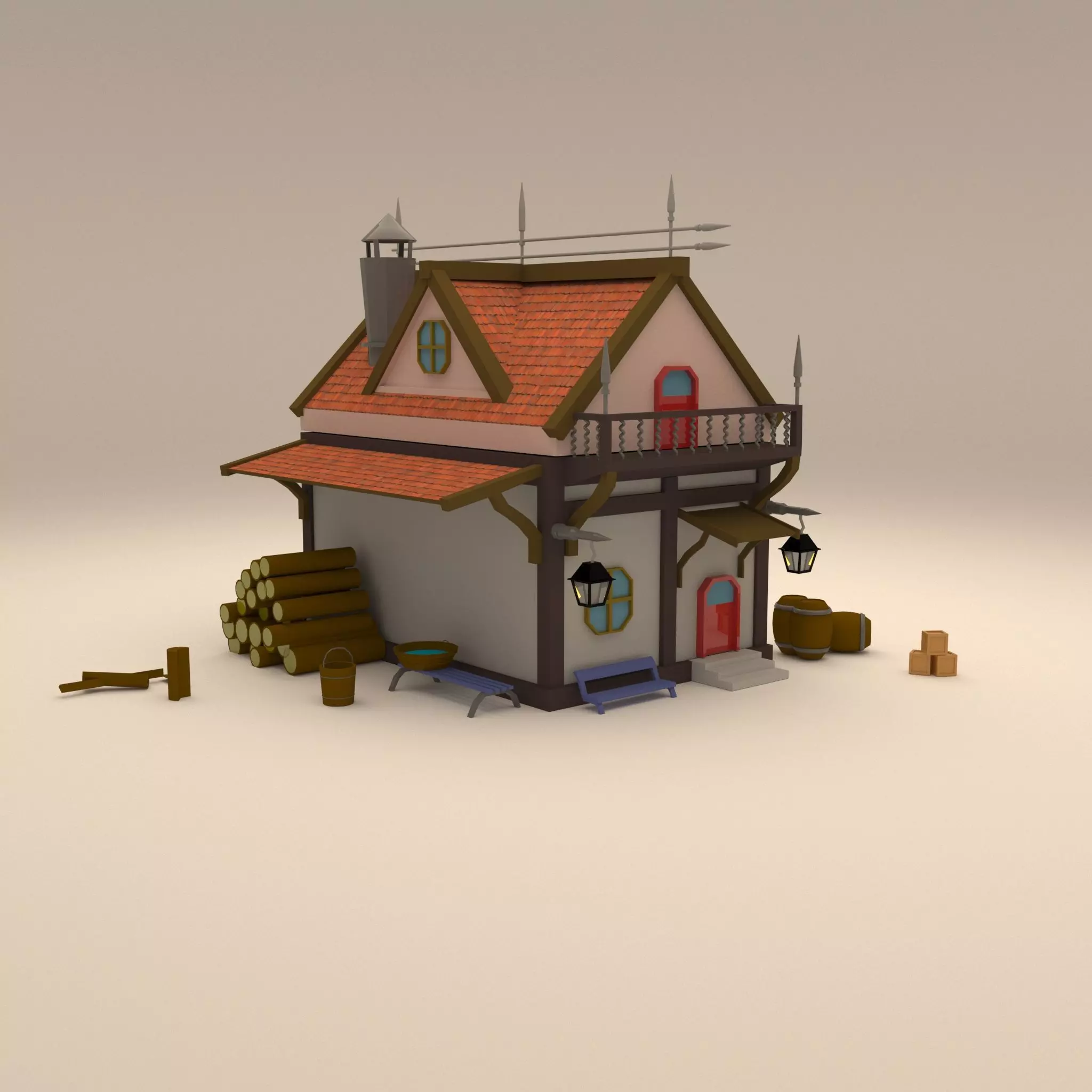cartoon house with logs 3D model_0